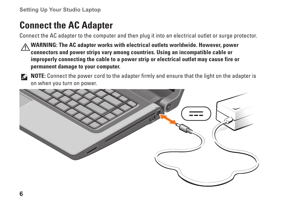 Connect the ac adapter | Dell Studio 15 (1555, Early 2009) User Manual | Page 8 / 102