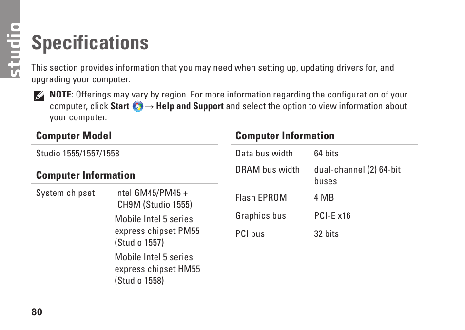Specifications | Dell Studio 15 (1555, Early 2009) User Manual | Page 82 / 102