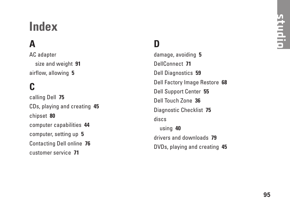 Index | Dell Studio 15 (1555, Early 2009) User Manual | Page 97 / 102