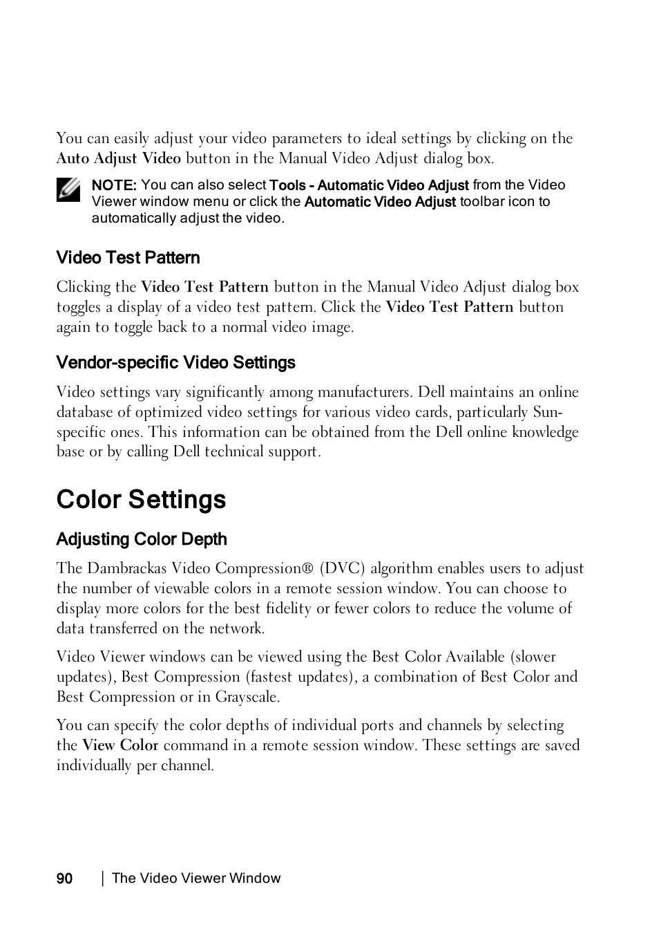 Video test pattern, Vendor-specific video settings, Color settings | Adjusting color depth | Dell KVM 4322DS User Manual | Page 100 / 188