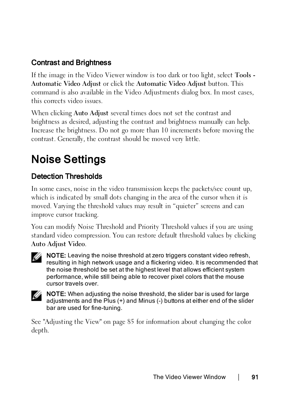 Contrast and brightness, Noise settings, Detection thresholds | Dell KVM 4322DS User Manual | Page 101 / 188