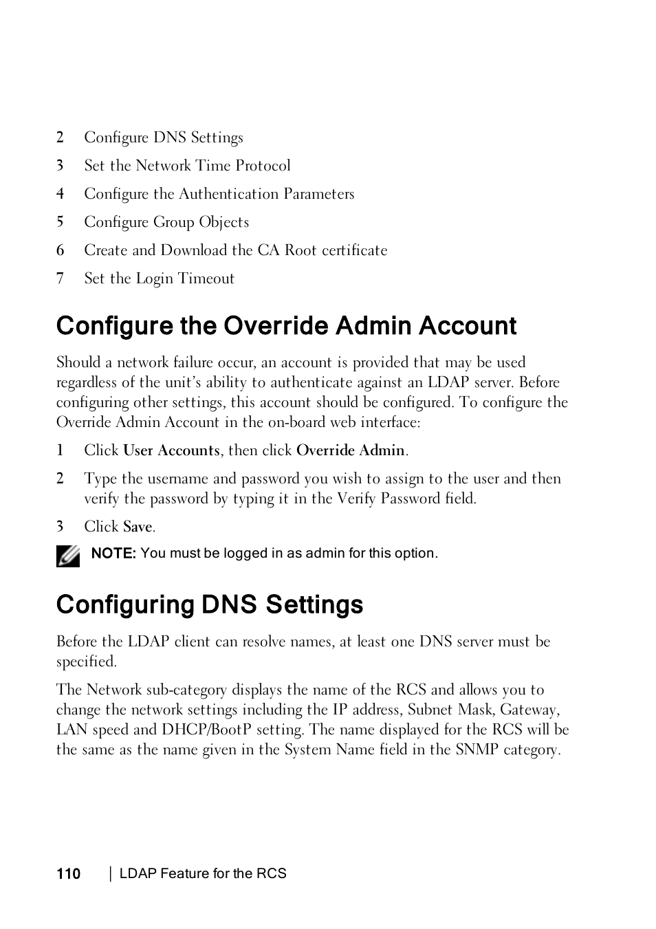 Configure the override admin account, Configuring dns settings | Dell KVM 4322DS User Manual | Page 120 / 188