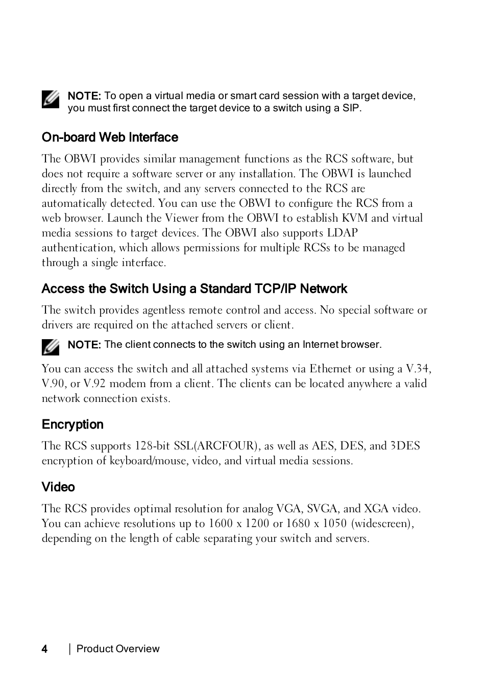 On-board web interface, Access the switch using a standard tcp/ip network, Encryption | Video | Dell KVM 4322DS User Manual | Page 14 / 188