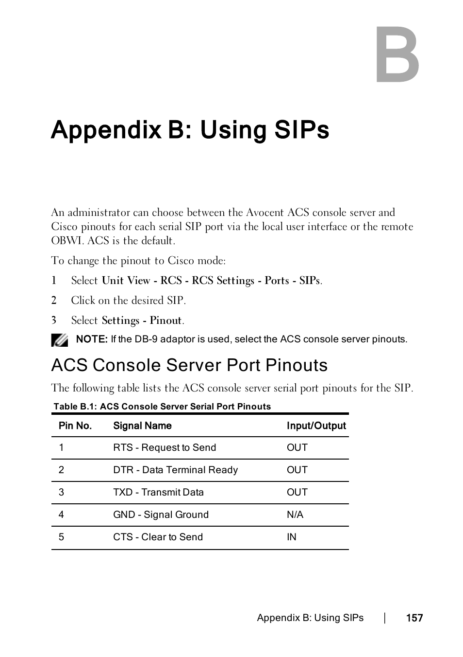 Appendix b: using sips, Acs console server port pinouts | Dell KVM 4322DS User Manual | Page 167 / 188