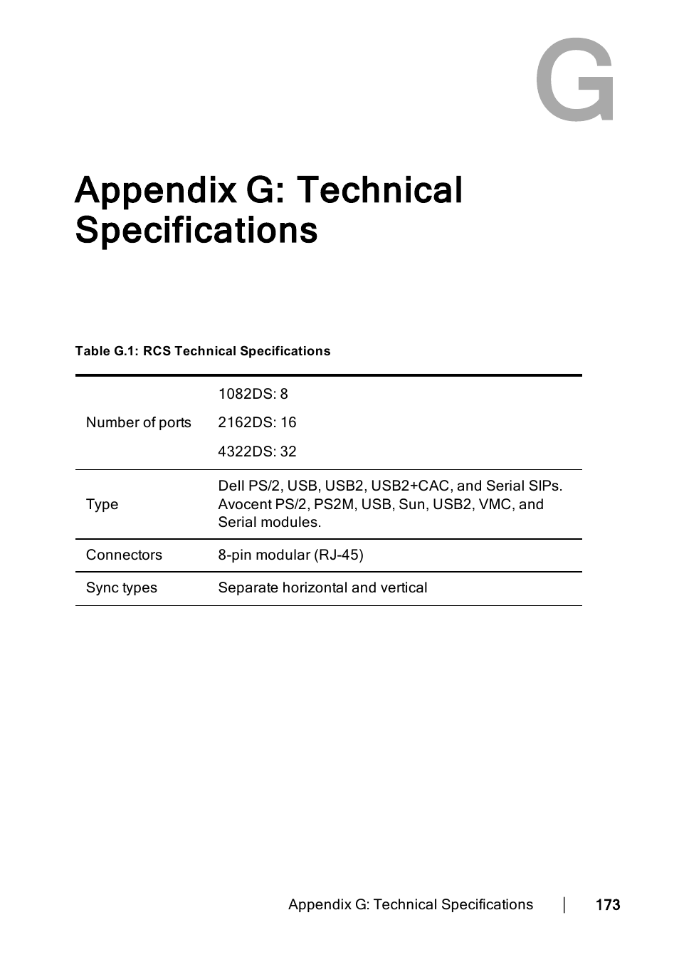 Appendix g: technical specifications | Dell KVM 4322DS User Manual | Page 183 / 188