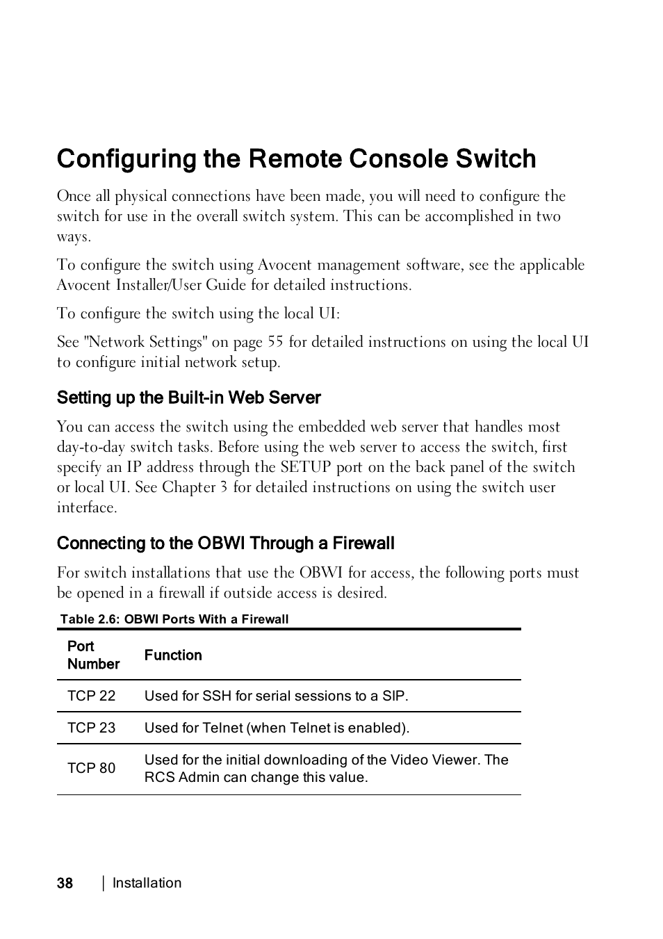 Configuring the remote console switch, Setting up the built-in web server, Connecting to the obwi through a firewall | Dell KVM 4322DS User Manual | Page 48 / 188