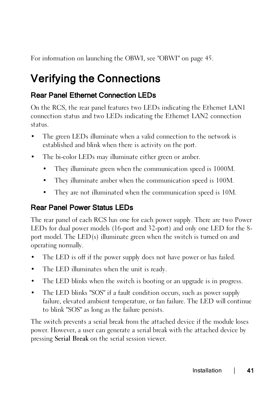 Verifying the connections, Rear panel ethernet connection leds, Rear panel power status leds | Dell KVM 4322DS User Manual | Page 51 / 188