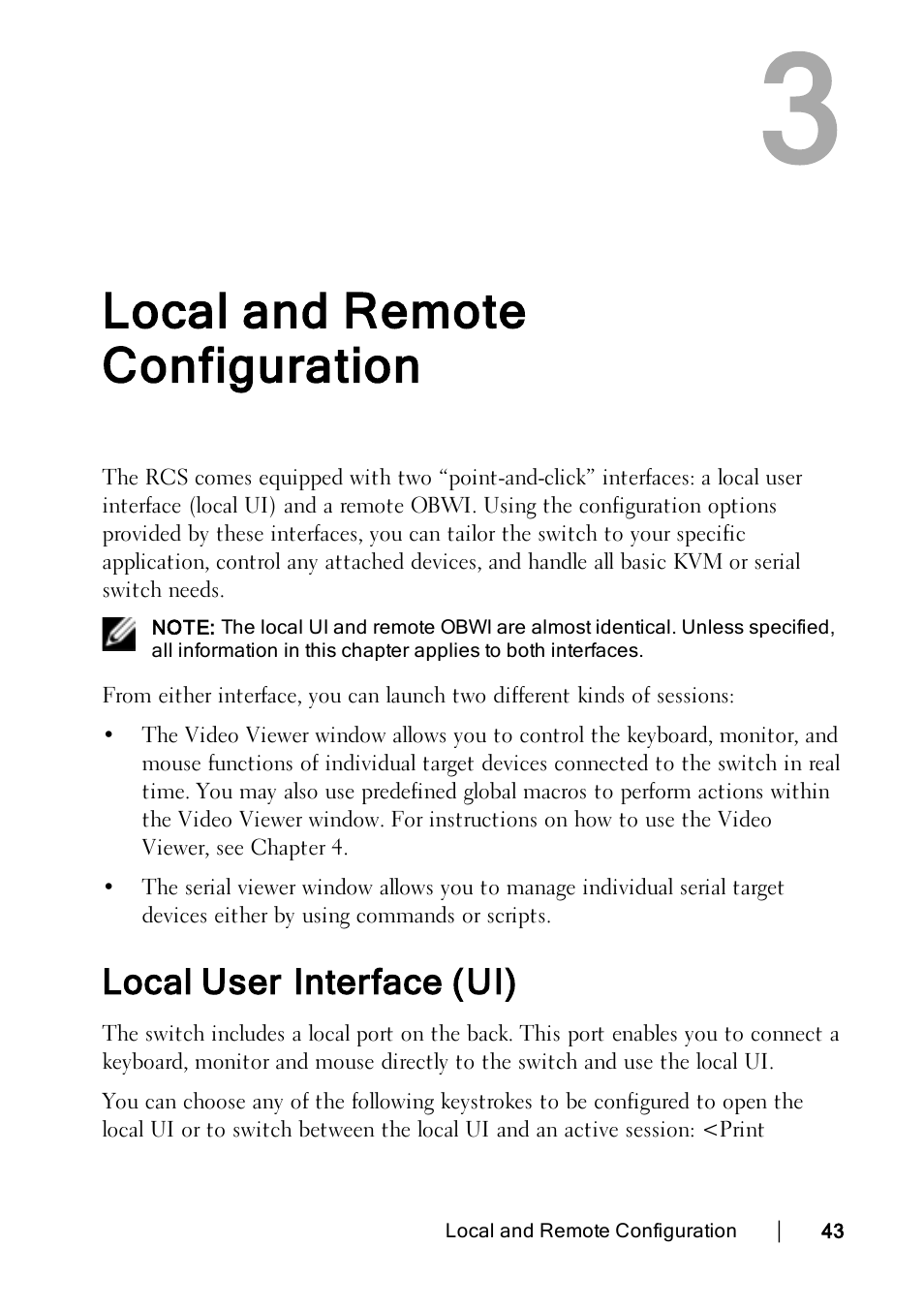 Local and remote configuration, Local user interface (ui) | Dell KVM 4322DS User Manual | Page 53 / 188