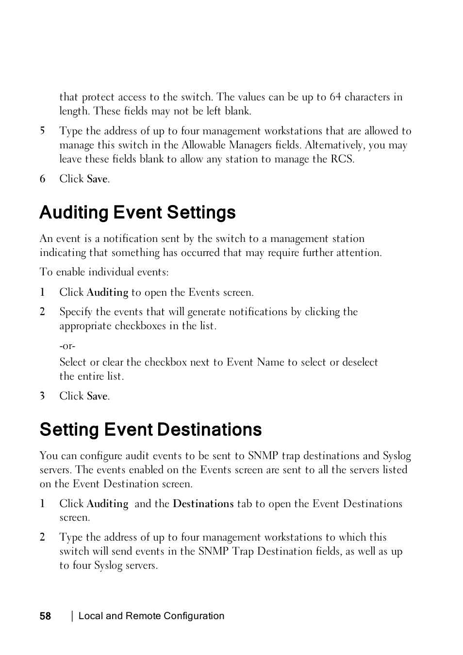 Auditing event settings, Setting event destinations | Dell KVM 4322DS User Manual | Page 68 / 188