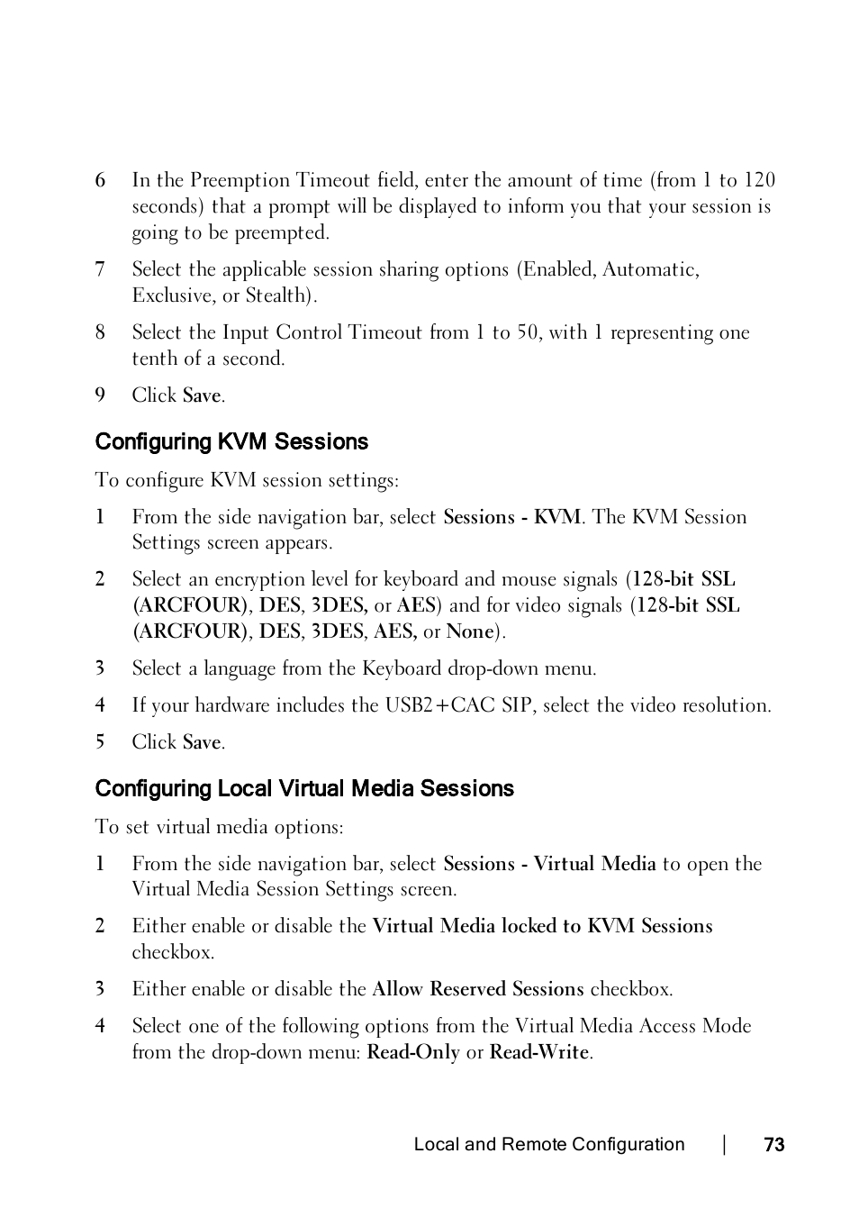 Configuring kvm sessions, Configuring local virtual media sessions | Dell KVM 4322DS User Manual | Page 83 / 188