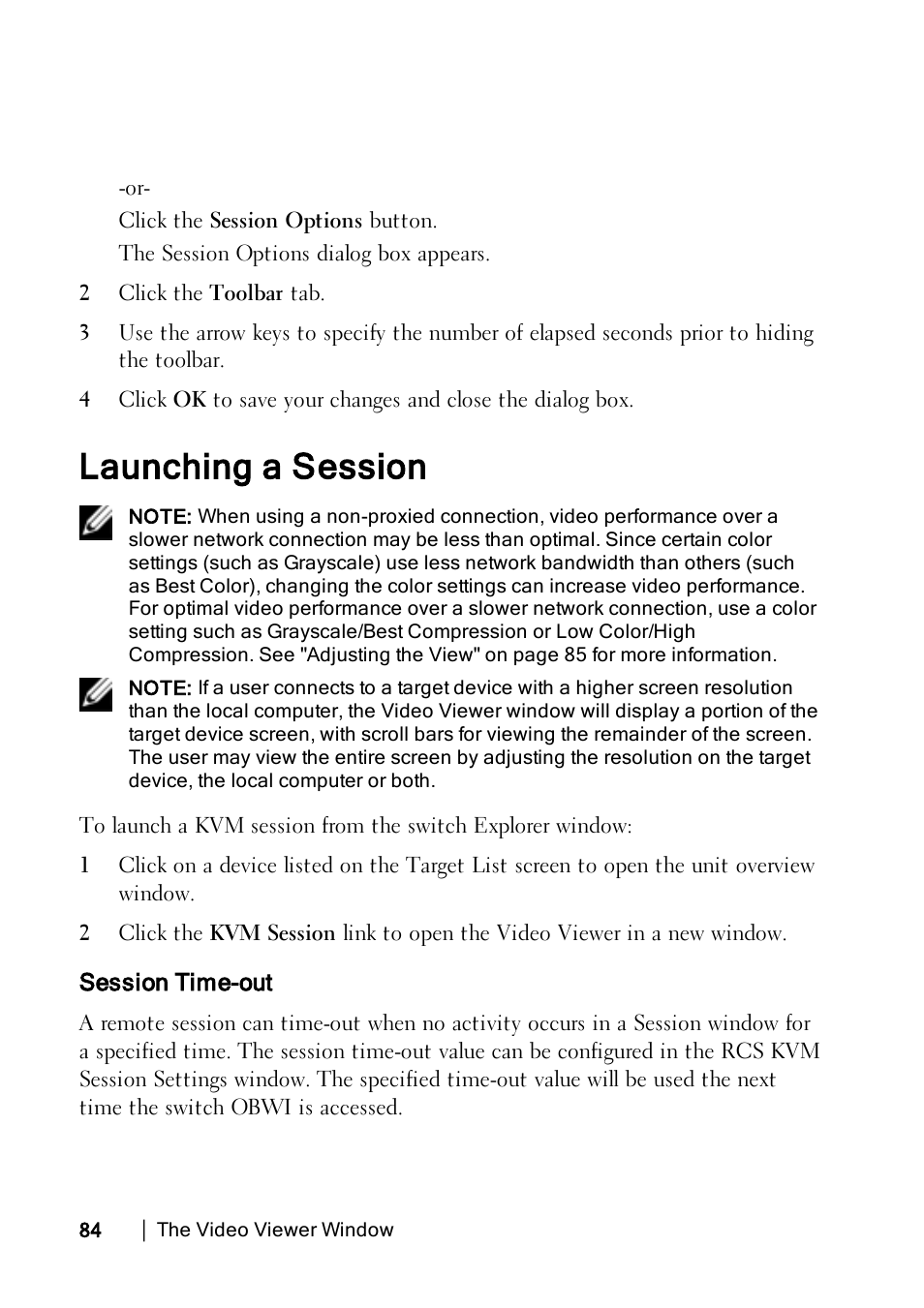 Launching a session, Session time-out | Dell KVM 4322DS User Manual | Page 94 / 188