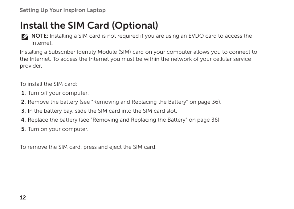Install the sim card (optional) | Dell Inspiron 1122 (M102z, Early 2011) User Manual | Page 14 / 88