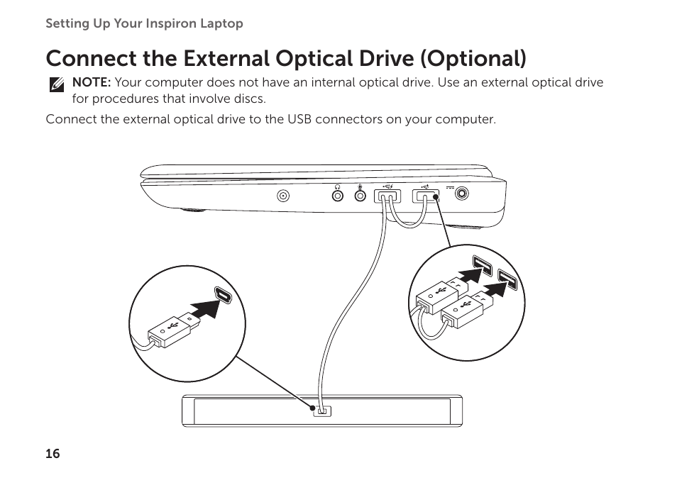 Connect the external optical drive (optional) | Dell Inspiron 1122 (M102z, Early 2011) User Manual | Page 18 / 88