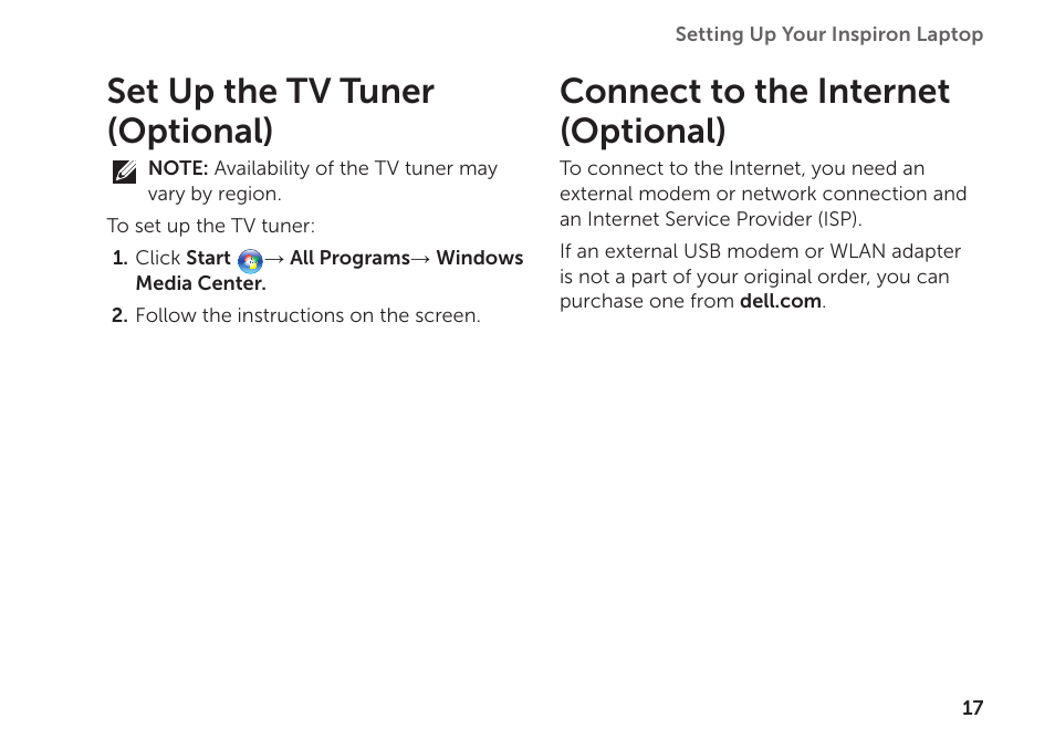 Set up the tv tuner (optional), Connect to the internet (optional) | Dell Inspiron 1122 (M102z, Early 2011) User Manual | Page 19 / 88