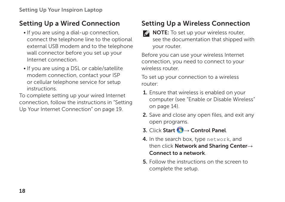 Setting up a wired connection, Setting up a wireless connection | Dell Inspiron 1122 (M102z, Early 2011) User Manual | Page 20 / 88