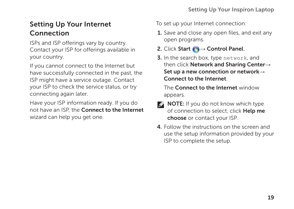 Setting up your internet connection | Dell Inspiron 1122 (M102z, Early 2011) User Manual | Page 21 / 88