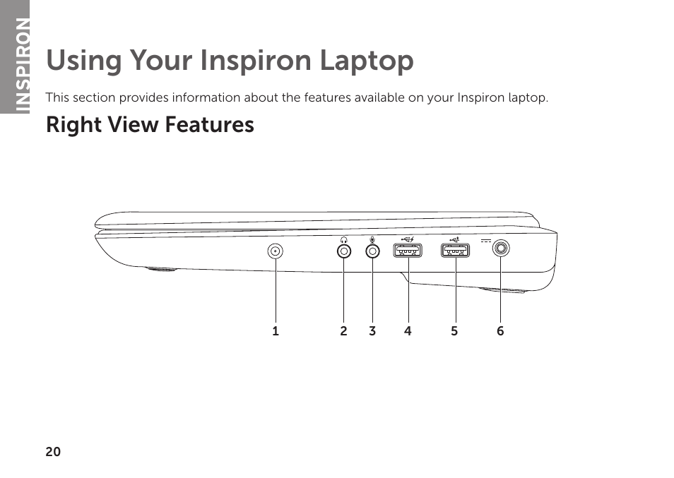 Using your inspiron laptop, Right view features, Inspiron | Dell Inspiron 1122 (M102z, Early 2011) User Manual | Page 22 / 88