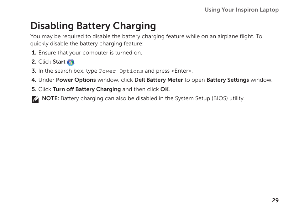 Disabling battery charging | Dell Inspiron 1122 (M102z, Early 2011) User Manual | Page 31 / 88