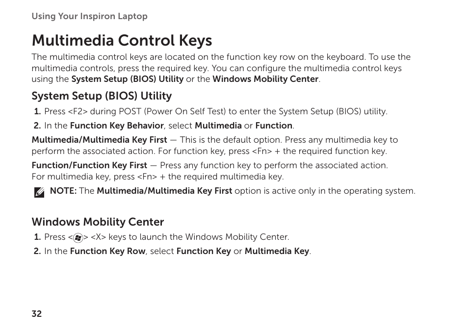 Multimedia control keys | Dell Inspiron 1122 (M102z, Early 2011) User Manual | Page 34 / 88