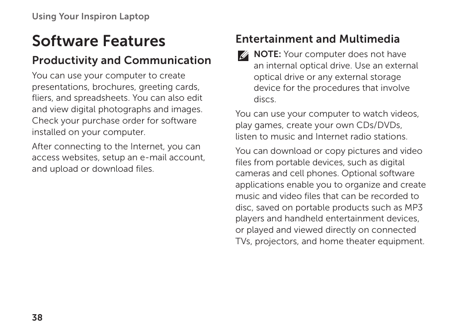 Software features | Dell Inspiron 1122 (M102z, Early 2011) User Manual | Page 40 / 88