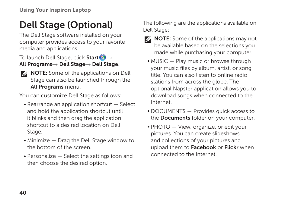 Dell stage (optional) | Dell Inspiron 1122 (M102z, Early 2011) User Manual | Page 42 / 88