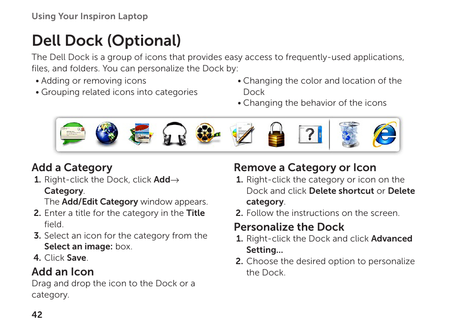 Dell dock (optional) | Dell Inspiron 1122 (M102z, Early 2011) User Manual | Page 44 / 88