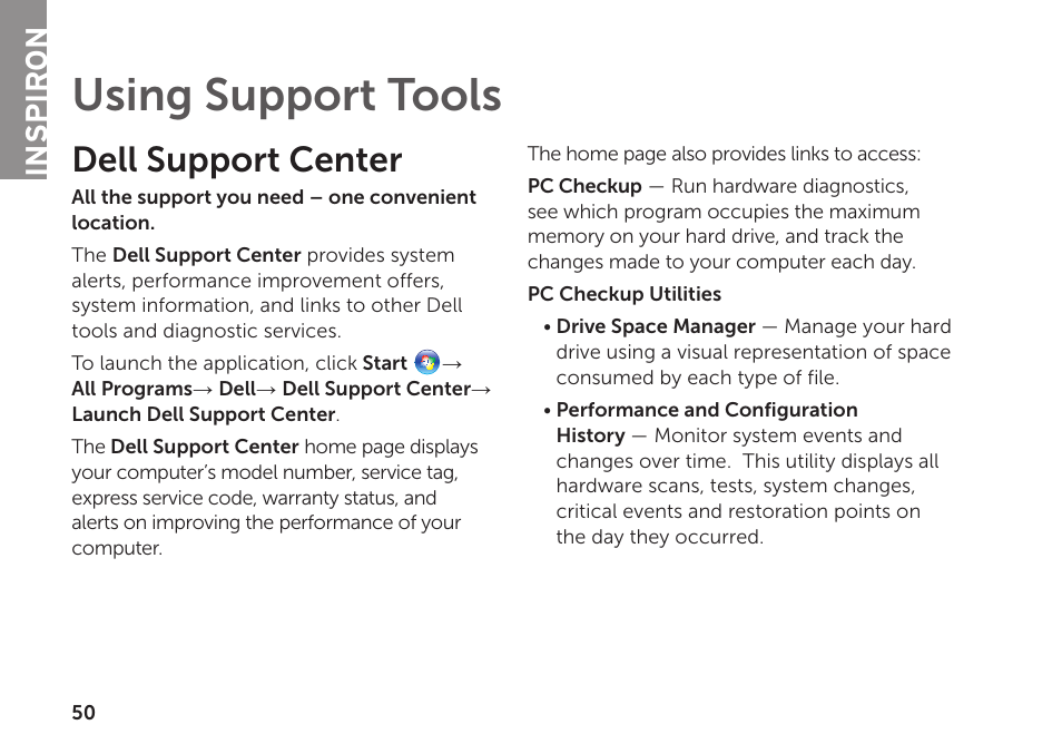 Using support tools, Dell support center, Inspiron | Dell Inspiron 1122 (M102z, Early 2011) User Manual | Page 52 / 88