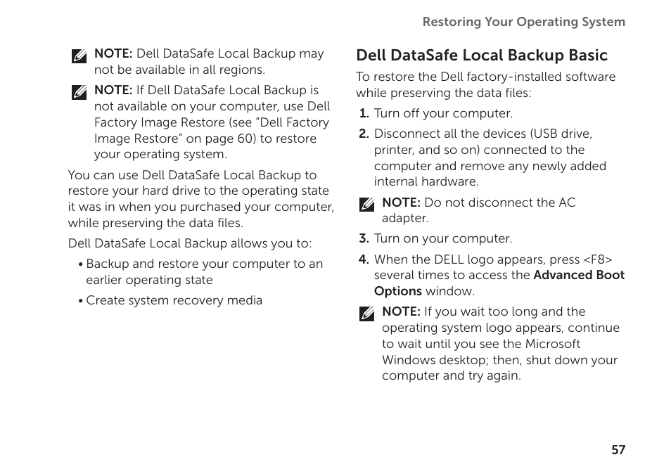 Dell datasafe local backup basic | Dell Inspiron 1122 (M102z, Early 2011) User Manual | Page 59 / 88