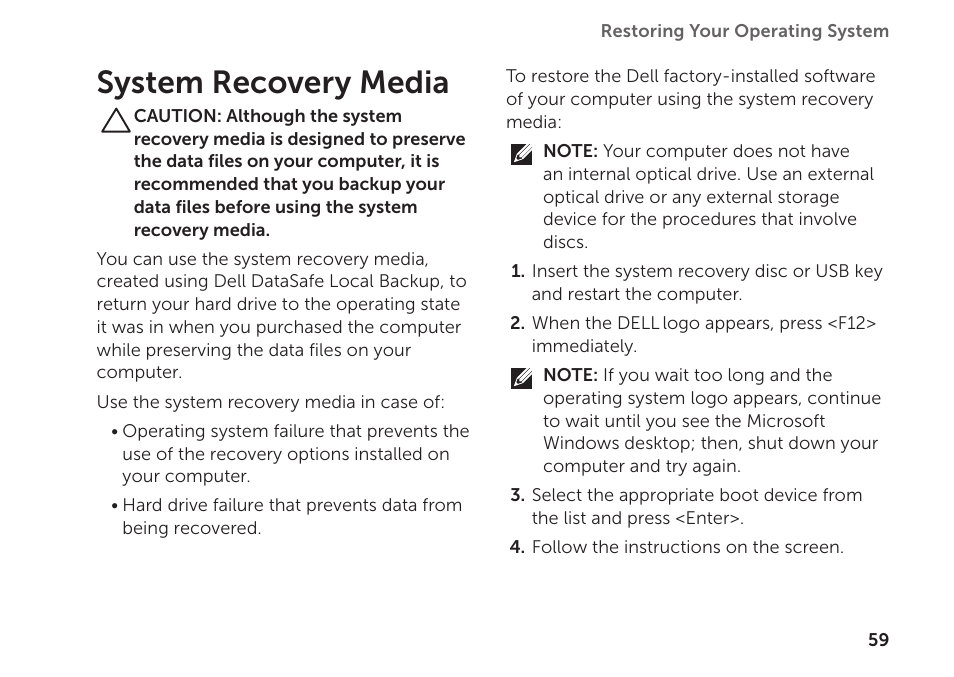 System recovery media | Dell Inspiron 1122 (M102z, Early 2011) User Manual | Page 61 / 88