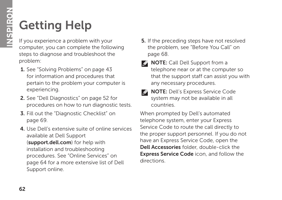 Getting help, Inspiron | Dell Inspiron 1122 (M102z, Early 2011) User Manual | Page 64 / 88