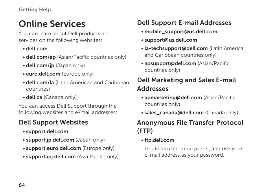 Online services, Dell support websites, Dell support e-mail addresses | Dell marketing and sales e-mail addresses, Anonymous file transfer protocol (ftp) | Dell Inspiron 1122 (M102z, Early 2011) User Manual | Page 66 / 88