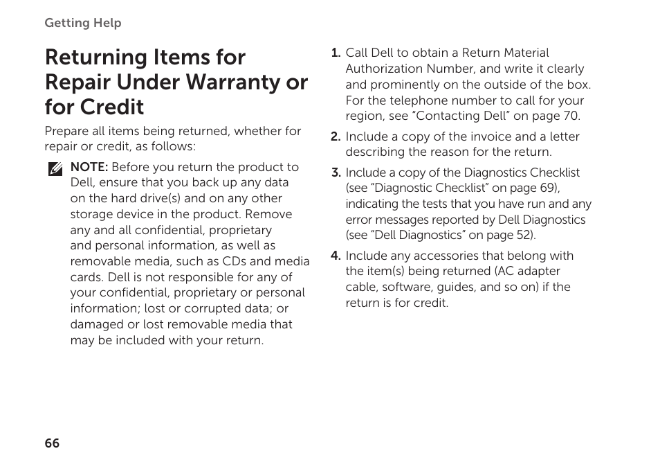 Returning items for repair under, Warranty or for credit | Dell Inspiron 1122 (M102z, Early 2011) User Manual | Page 68 / 88