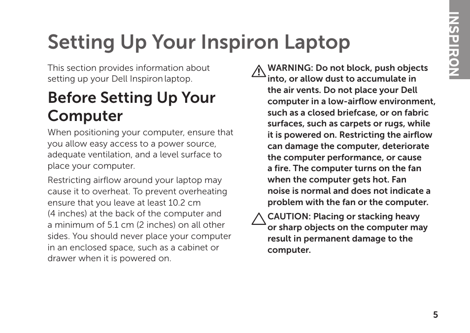 Setting up your inspiron laptop, Before setting up your computer, Inspiron | Dell Inspiron 1122 (M102z, Early 2011) User Manual | Page 7 / 88