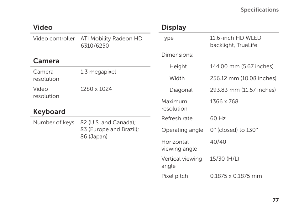 Video, Camera, Keyboard | Display | Dell Inspiron 1122 (M102z, Early 2011) User Manual | Page 79 / 88