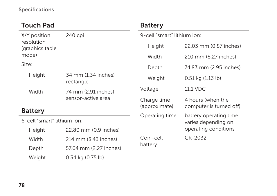 Touch pad, Battery | Dell Inspiron 1122 (M102z, Early 2011) User Manual | Page 80 / 88