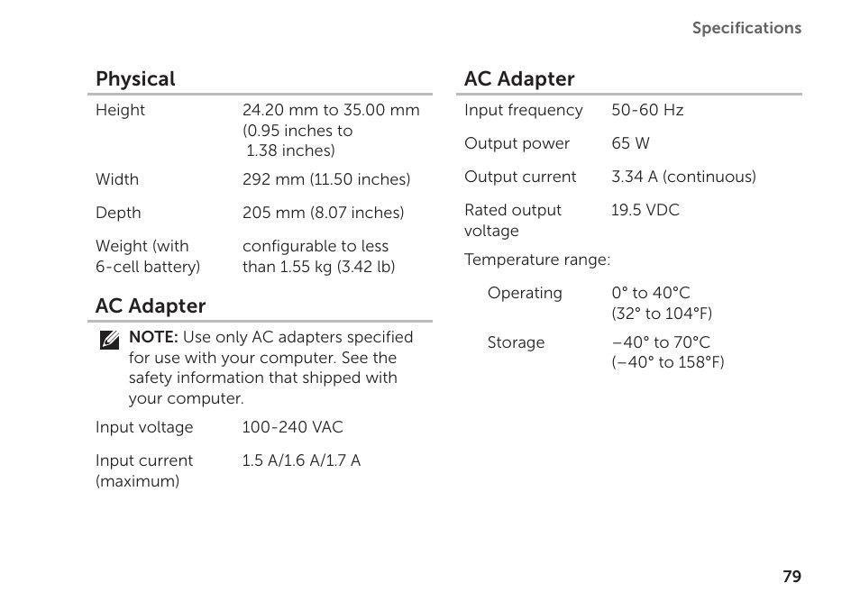 Physical, Ac adapter | Dell Inspiron 1122 (M102z, Early 2011) User Manual | Page 81 / 88