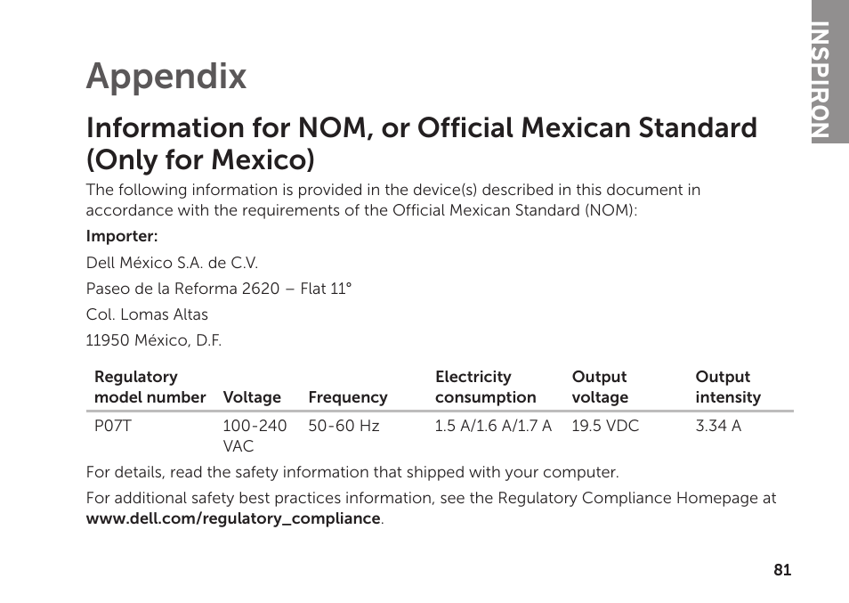 Appendix, Inspiron | Dell Inspiron 1122 (M102z, Early 2011) User Manual | Page 83 / 88