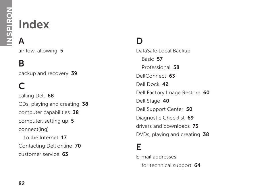 Index, Inspiron | Dell Inspiron 1122 (M102z, Early 2011) User Manual | Page 84 / 88