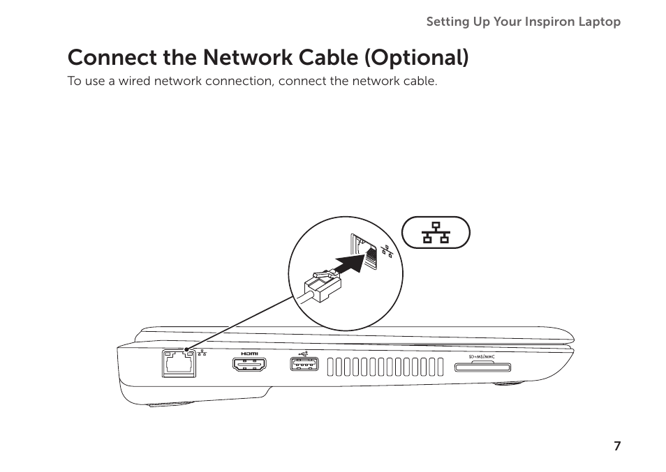 Connect the network cable (optional), Connect the network cable, Optional) | Dell Inspiron 1122 (M102z, Early 2011) User Manual | Page 9 / 88