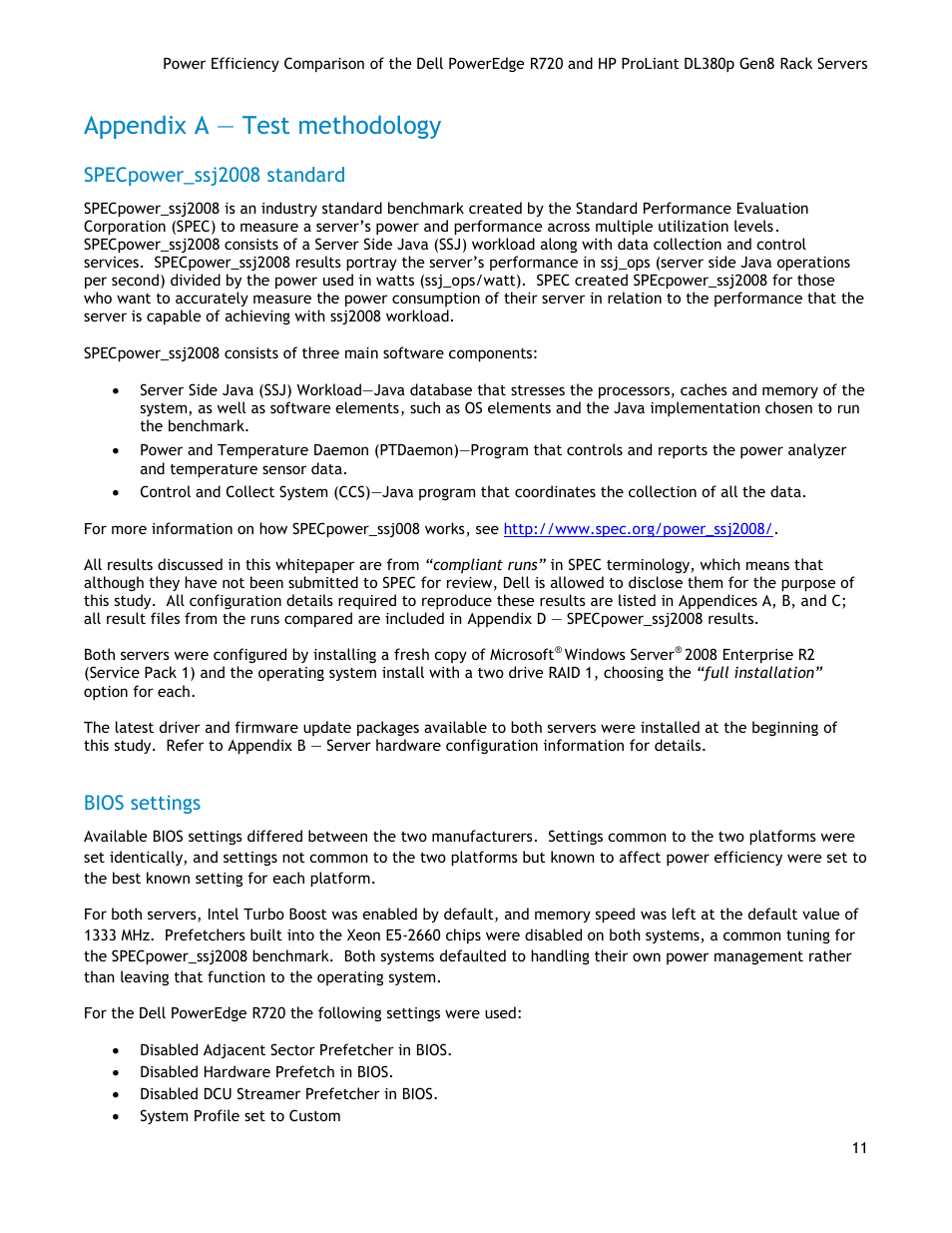 Appendix a — test methodology, Specpower_ssj2008 standard, Bios settings | Appendix, A — test methodology | Dell POWEREDGE R720 User Manual | Page 11 / 17