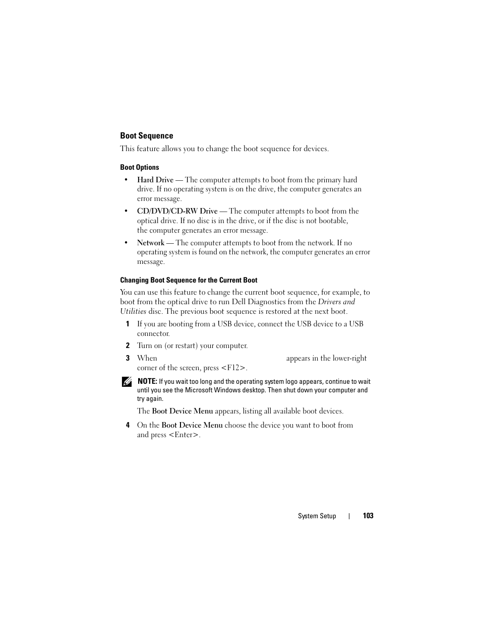 Boot sequence, Boot options, Changing boot sequence for the current boot | 2 turn on (or restart) your computer | Dell Alienware M14x R2 (Early 2012) User Manual | Page 101 / 104