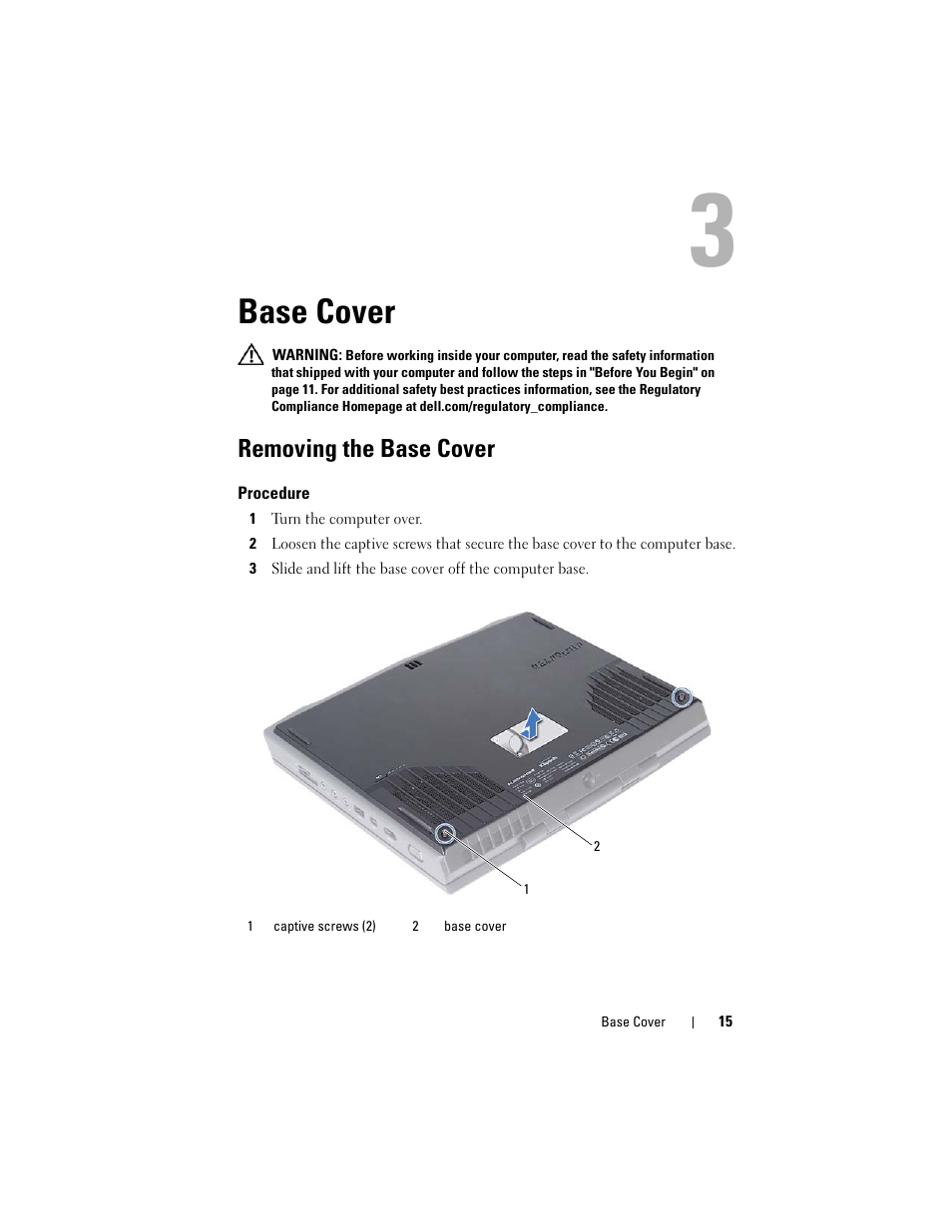 Base cover, Removing the base cover, Procedure | 1 turn the computer over | Dell Alienware M14x R2 (Early 2012) User Manual | Page 13 / 104