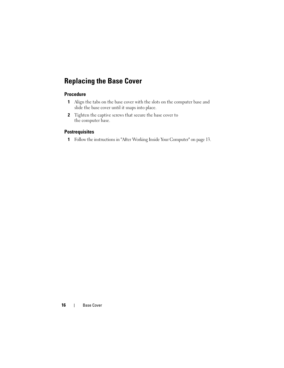Replacing the base cover, Procedure, Postrequisites | Dell Alienware M14x R2 (Early 2012) User Manual | Page 14 / 104