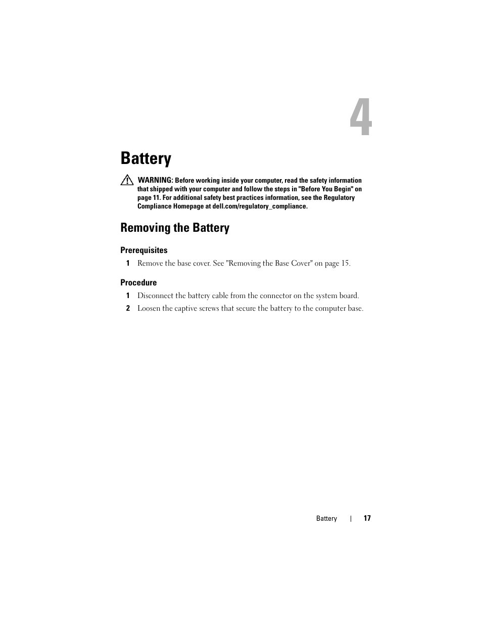 Battery, Removing the battery, Prerequisites | Procedure | Dell Alienware M14x R2 (Early 2012) User Manual | Page 15 / 104