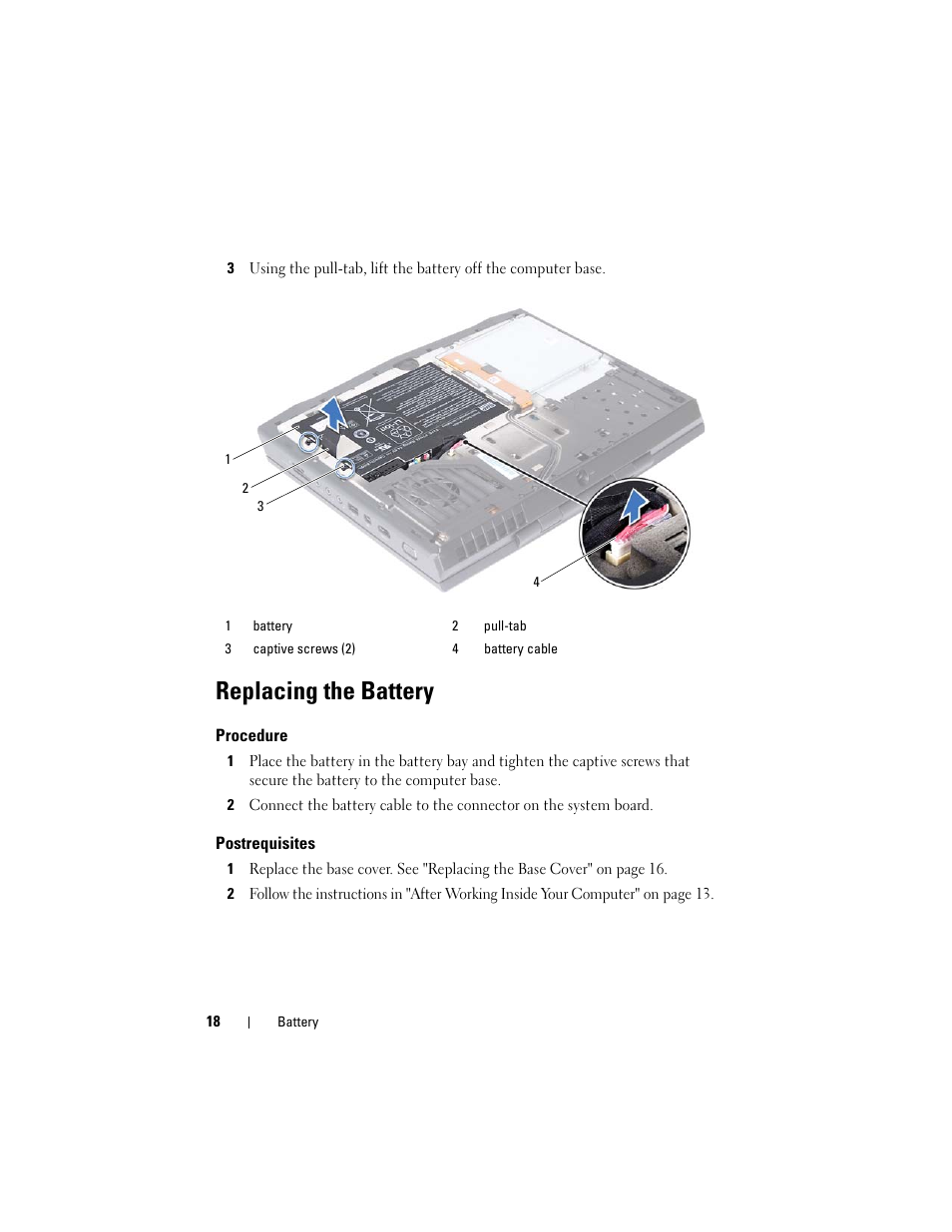 Replacing the battery, Procedure, Postrequisites | Dell Alienware M14x R2 (Early 2012) User Manual | Page 16 / 104
