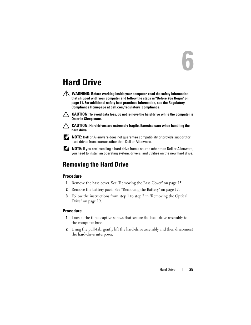 Hard drive, Removing the hard drive, Procedure | Dell Alienware M14x R2 (Early 2012) User Manual | Page 23 / 104