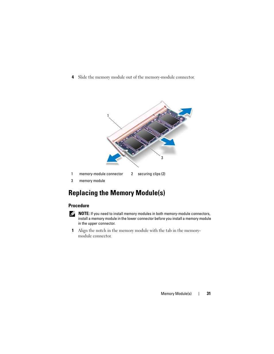 Replacing the memory module(s), Procedure | Dell Alienware M14x R2 (Early 2012) User Manual | Page 29 / 104