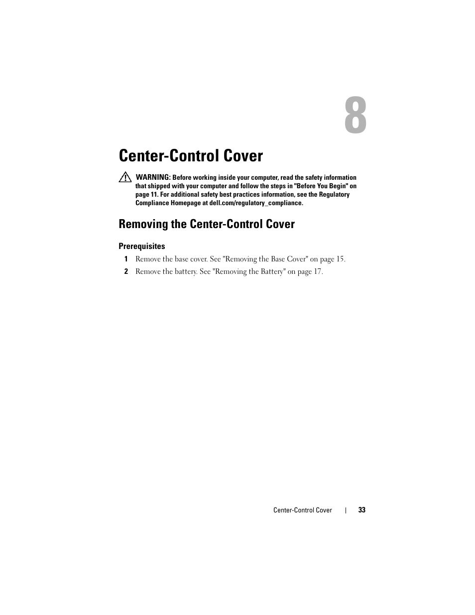 Center-control cover, Removing the center-control cover, Prerequisites | Dell Alienware M14x R2 (Early 2012) User Manual | Page 31 / 104