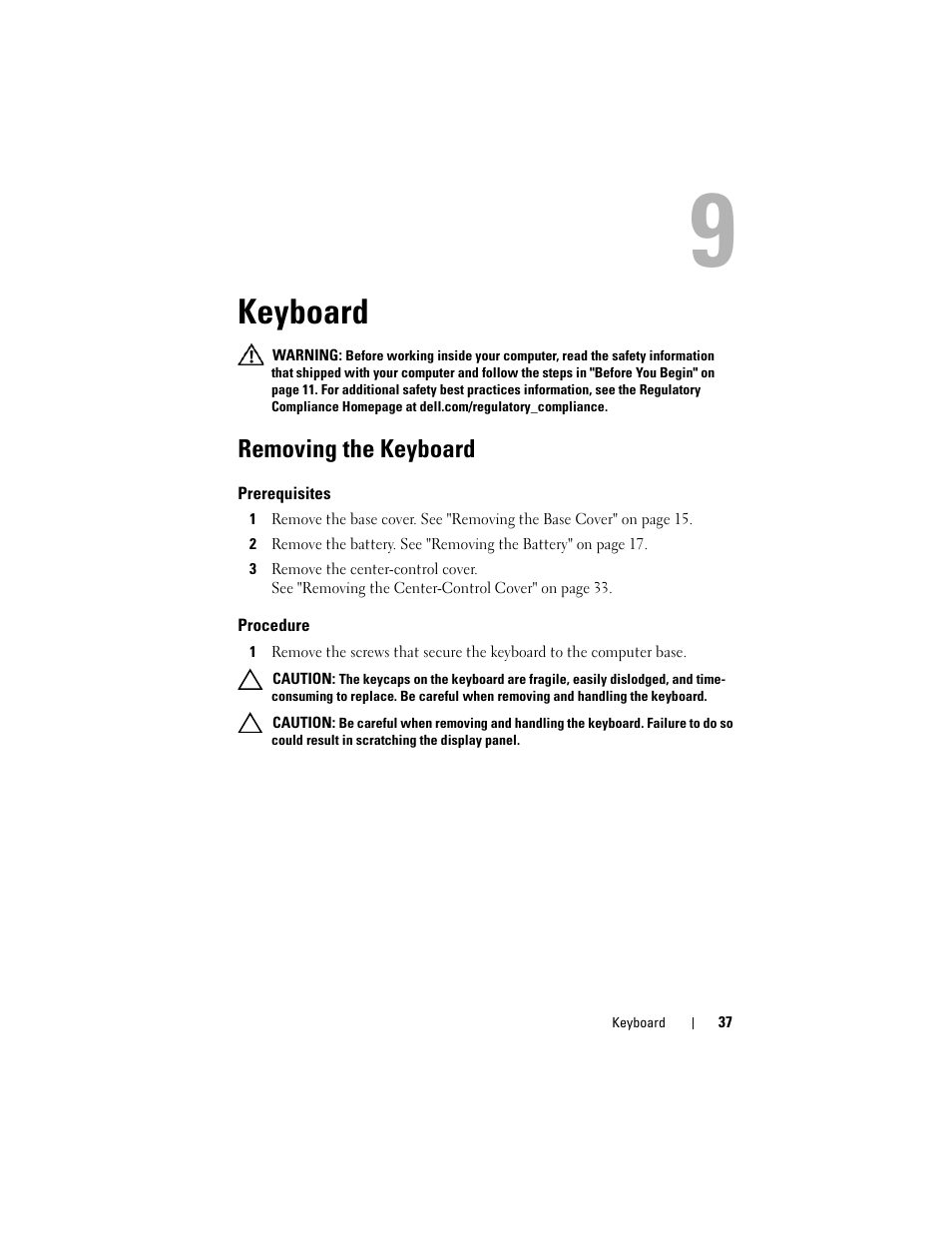 Keyboard, Removing the keyboard, Prerequisites | Procedure | Dell Alienware M14x R2 (Early 2012) User Manual | Page 35 / 104