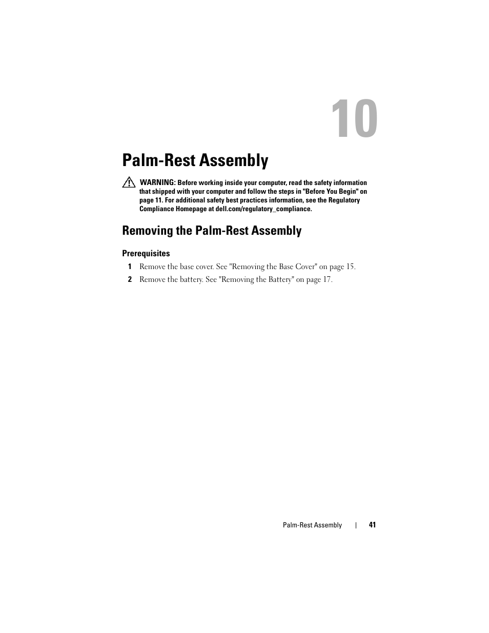 Palm-rest assembly, Removing the palm-rest assembly, Prerequisites | Dell Alienware M14x R2 (Early 2012) User Manual | Page 39 / 104